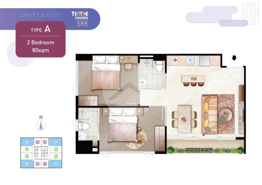 2 Bedroom Condo Type A For Sale - Time Square 306, BKK1, Phnom Penh