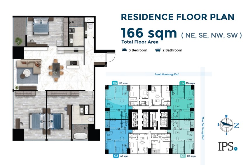 Type A 3-Bedroom Condo For Sale  - J-Tower 3, Tonle Bassac, Phnom Penh