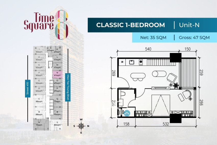 1 Bedroom Condo For Sale - Type LMNOP Time Square 8 Condominium - Near Russian Market, Phnom Penh