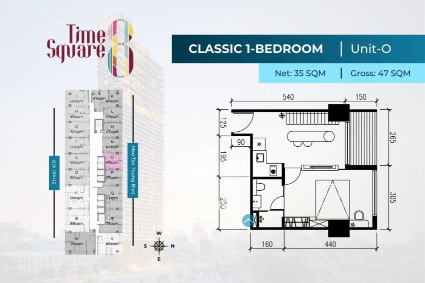 1 Bedroom Condo For Sale - Type LMNOP Time Square 8 Condominium - Near Russian Market, Phnom Penh
