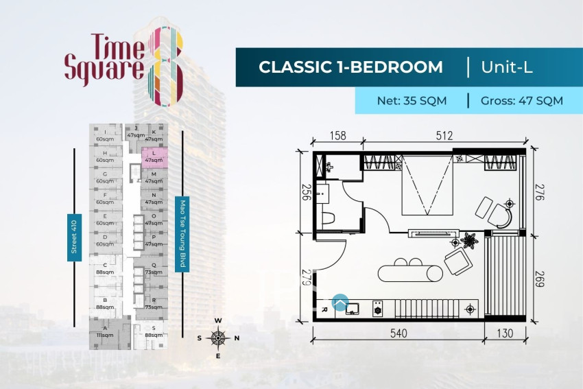 1 Bedroom Condo For Sale - Type LMNOP Time Square 8 Condominium - Near Russian Market, Phnom Penh
