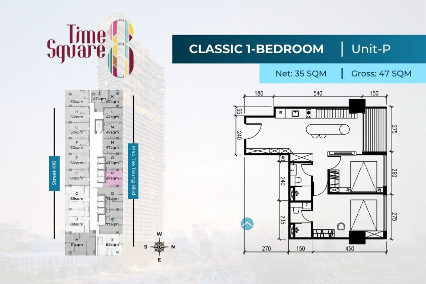 1 Bedroom Condo For Sale - Type LMNOP Time Square 8 Condominium - Near Russian Market, Phnom Penh