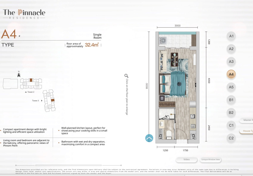 Studio For Sale - The Pinnacle Residence Type A4 Condominium, Tonle Bassac, Phnom Penh