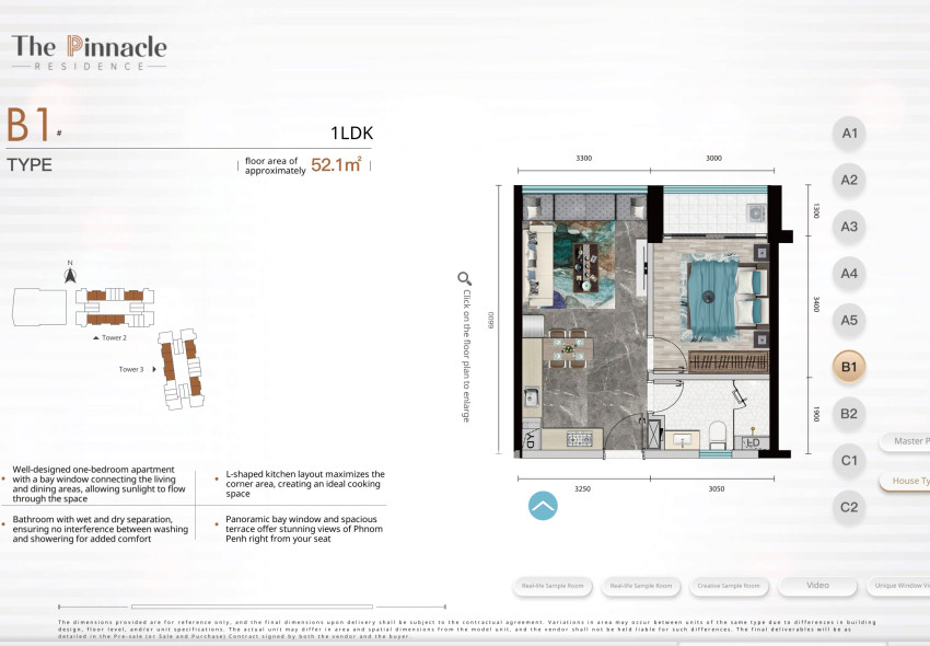 1 Bedroom Condo For Sale - The Pinnacle Residence Type B1 Condominium, Tonle Bassac, Phnom Penh