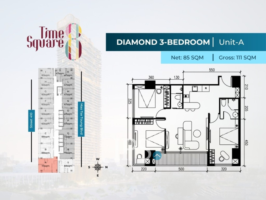 3 Bedroom Condo For Sale - Type A Time Square 8 Condominium - Near Russian Market, Phnom Penh