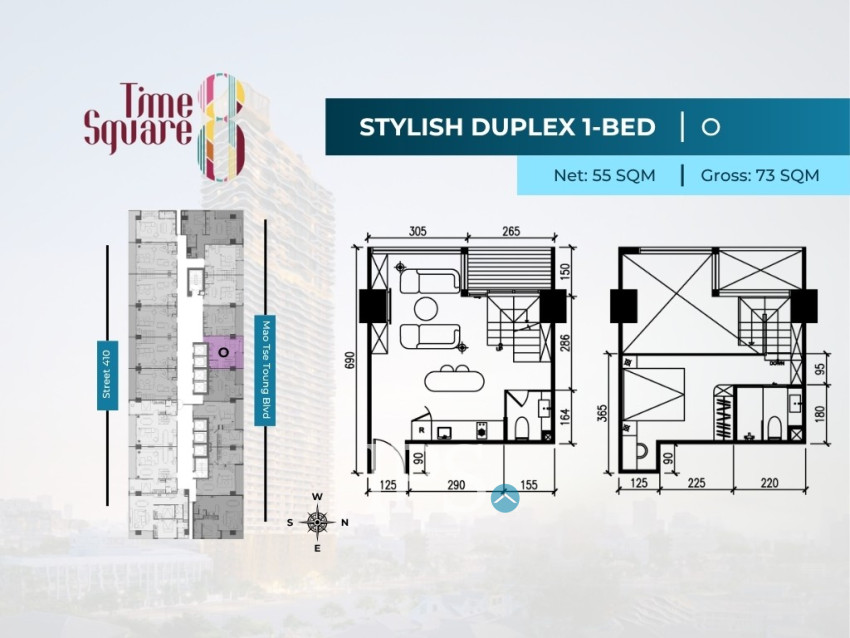 2 Bedroom Duplex Condo For Sale - Type DEFGHI Time Square 8 Condominium - Near Russian Market, Phnom Penh