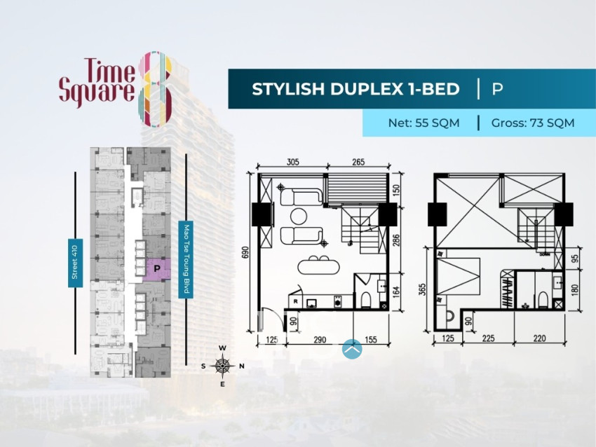 2 Bedroom Duplex Condo For Sale - Type DEFGHI Time Square 8 Condominium - Near Russian Market, Phnom Penh