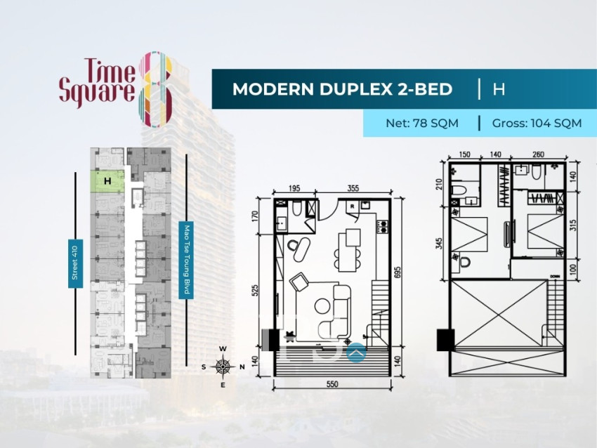2 Bedroom Duplex Condo For Sale - Type DEFGHI Time Square 8 Condominium - Near Russian Market, Phnom Penh