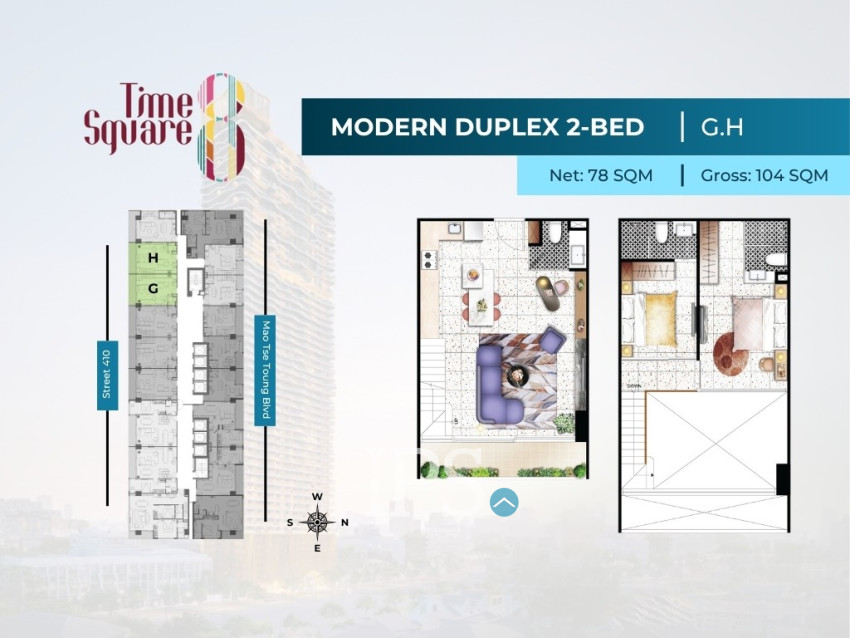 2 Bedroom Duplex Condo For Sale - Type DEFGHI Time Square 8 Condominium - Near Russian Market, Phnom Penh