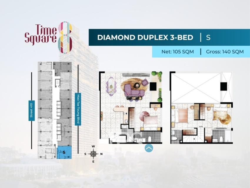 3 Bedroom Duplex Condo For Sale - Type QRSW Time Square 8 Condominium - Near Russian Market, Phnom Penh