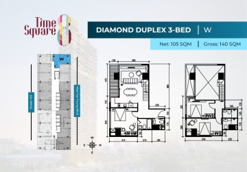 3 Bedroom Duplex Condo For Sale - Type QRSW Time Square 8 Condominium - Near Russian Market, Phnom Penh thumbnail