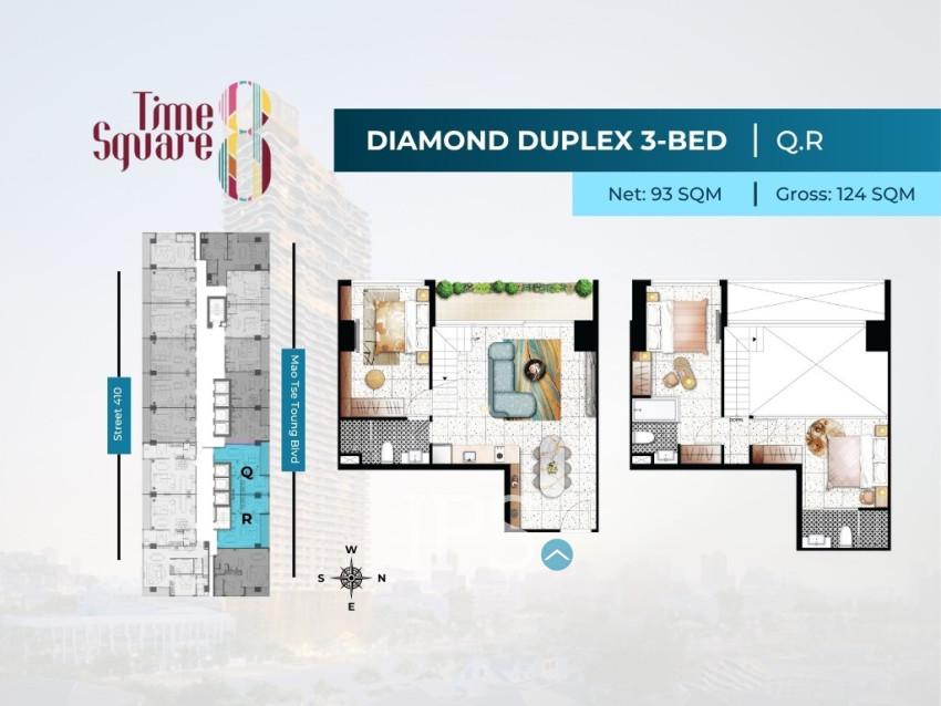 3 Bedroom Duplex Condo For Sale - Type QRSW Time Square 8 Condominium - Near Russian Market, Phnom Penh
