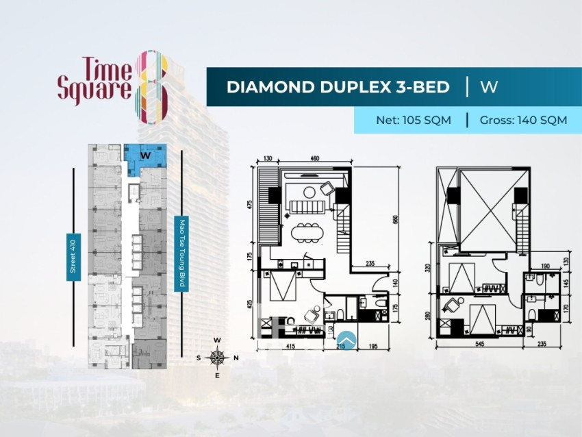 3 Bedroom Duplex Condo For Sale - Type QRSW Time Square 8 Condominium - Near Russian Market, Phnom Penh