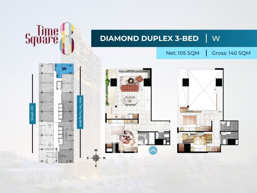 3 Bedroom Duplex Condo For Sale - Type QRSW Time Square 8 Condominium - Near Russian Market, Phnom Penh