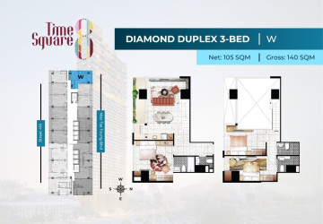 3 Bedroom Duplex Condo For Sale - Type QRSW Time Square 8 Condominium - Near Russian Market, Phnom Penh thumbnail