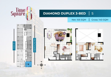 3 Bedroom Duplex Condo For Sale - Type QRSW Time Square 8 Condominium - Near Russian Market, Phnom Penh thumbnail