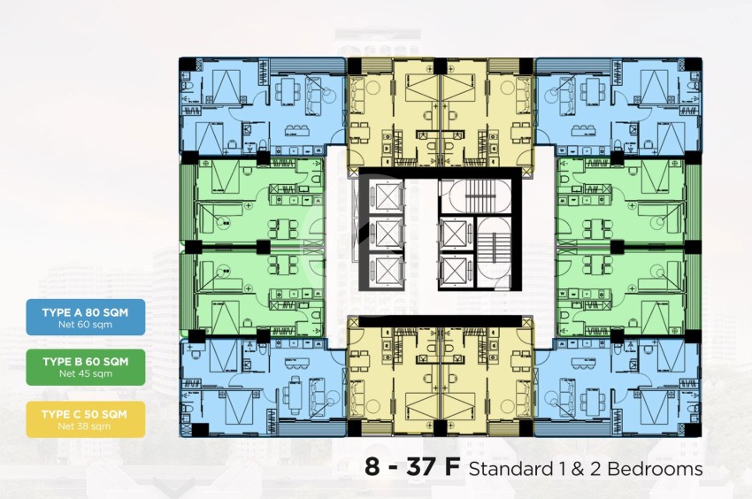 27th Floor 1 Bedroom Condo Type B5 Resale - Time Square 306, BKK1, Phnom Penh
