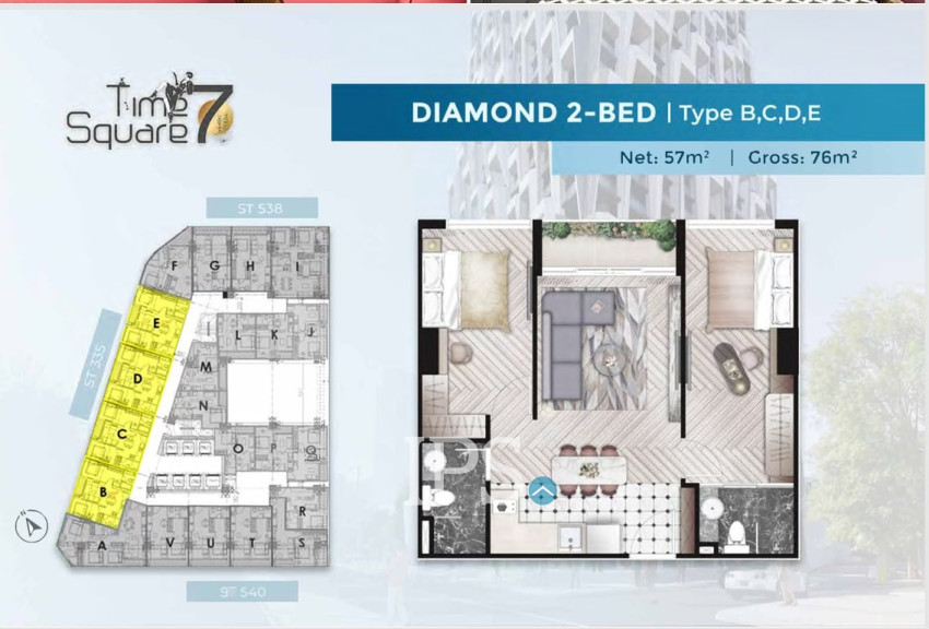 10th Floor 2 Bedroom Condo For Sale - Time Square 7, Boeung Kak 1, Phnom Penh