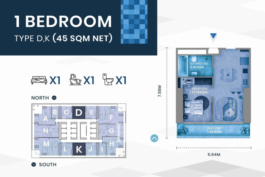 1 Bedroom Condo For Sale - GATO Tower, BKK1, Phnom Penh