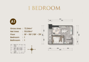 1 Bedroom Condo For Sale Type A1 - Le Conde 2, BKK1, Phnom Penh thumbnail