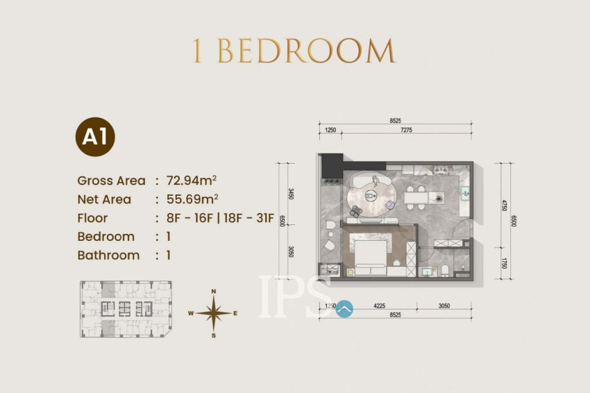 1 Bedroom Condo For Sale Type A1 - Le Conde 2, BKK1, Phnom Penh