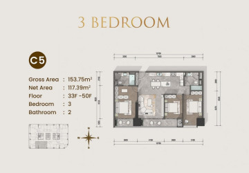 3 Bedroom Condo For Sale Type C1 - Le Conde 2, BKK1, Phnom Penh thumbnail