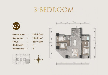 3 Bedroom Condo For Sale Type C1 - Le Conde 2, BKK1, Phnom Penh thumbnail