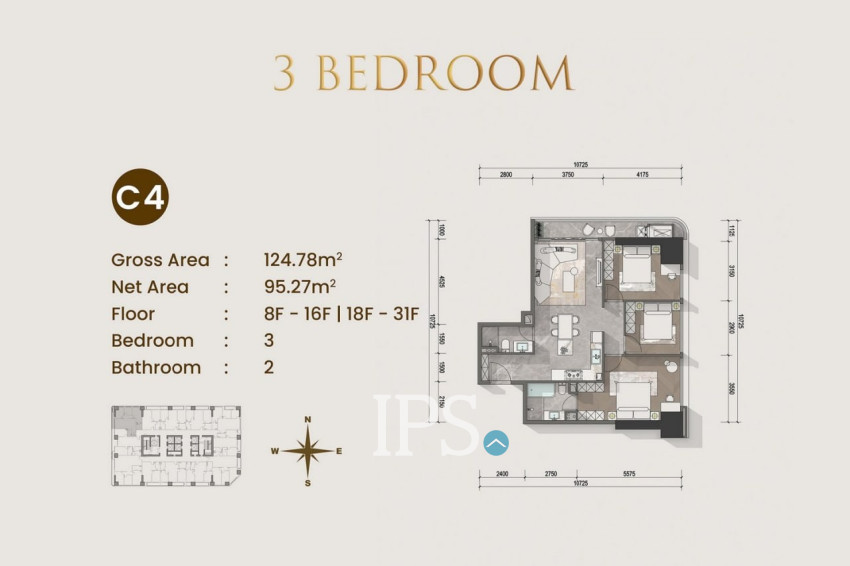 3 Bedroom Condo For Sale Type C1 - Le Conde 2, BKK1, Phnom Penh