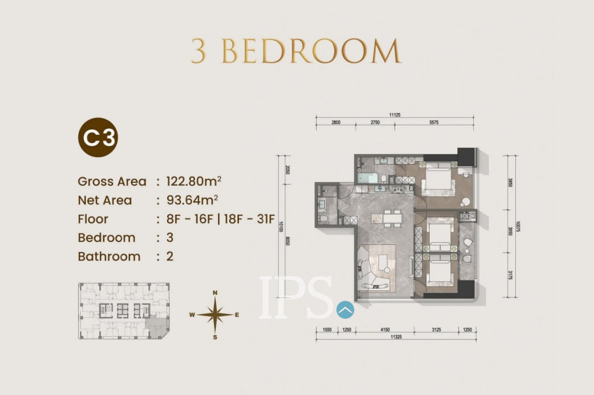 3 Bedroom Condo For Sale Type C1 - Le Conde 2, BKK1, Phnom Penh