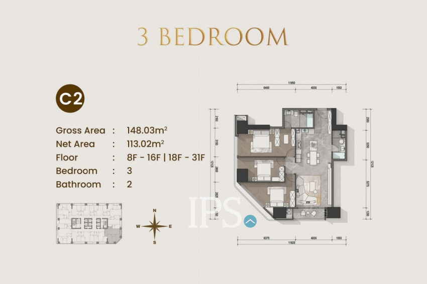 3 Bedroom Condo For Sale Type C1 - Le Conde 2, BKK1, Phnom Penh