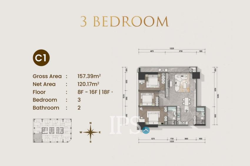 3 Bedroom Condo For Sale Type C1 - Le Conde 2, BKK1, Phnom Penh