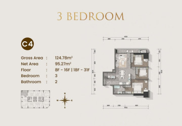 3 Bedroom Condo For Sale Type C1 - Le Conde 2, BKK1, Phnom Penh thumbnail