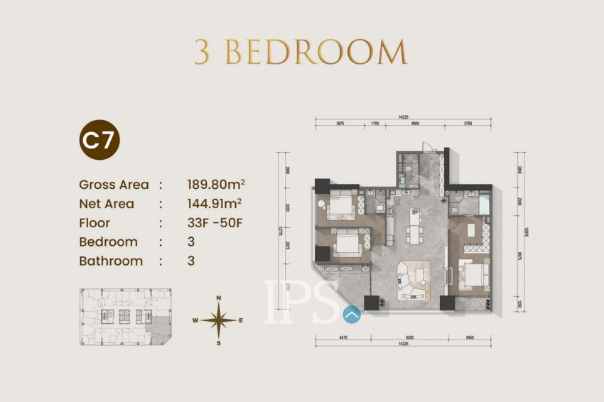 3 Bedroom Condo For Sale Type C1 - Le Conde 2, BKK1, Phnom Penh