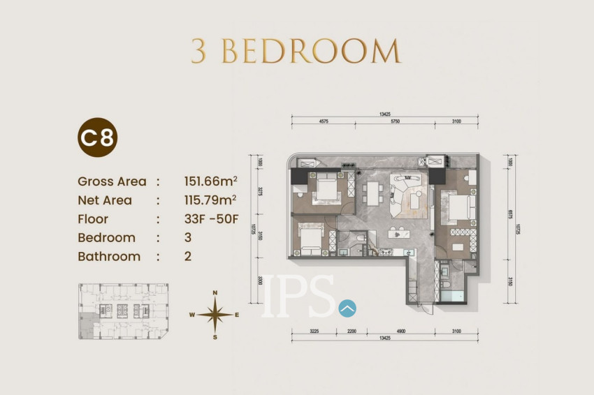 3 Bedroom Condo For Sale Type C1 - Le Conde 2, BKK1, Phnom Penh