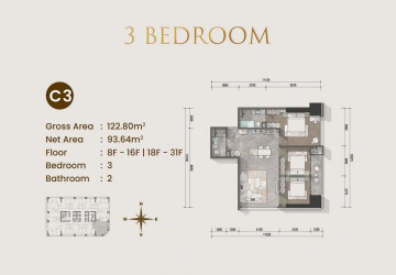 3 Bedroom Condo For Sale Type C1 - Le Conde 2, BKK1, Phnom Penh thumbnail