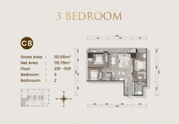 3 Bedroom Condo For Sale Type C1 - Le Conde 2, BKK1, Phnom Penh thumbnail