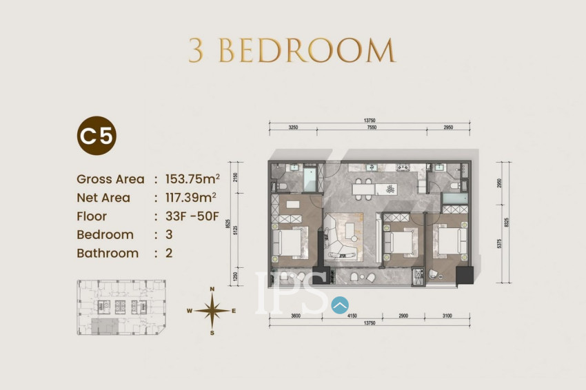 3 Bedroom Condo For Sale Type C1 - Le Conde 2, BKK1, Phnom Penh