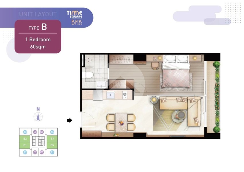 8th Floor 1 Bedroom Condo Type C5 For Sale - Time Square 306, BKK1, Phnom Penh