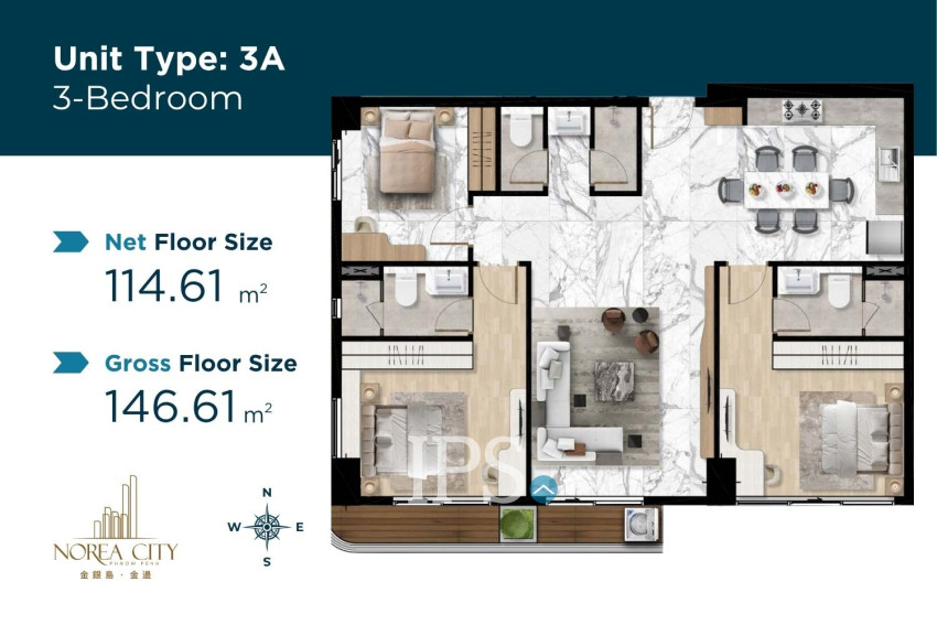 3 Bedroom Condo For Sale Type 3A - Norea Square Condominium - Nirouth, Khan Chbar Ampov  Nirouth