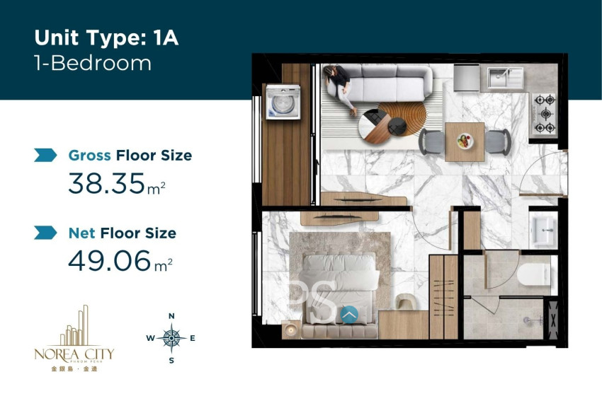 1 Bedroom Condo For Sale Type 1A - Norea Square Condominium - Nirouth, Khan Chbar Ampov  Nirouth