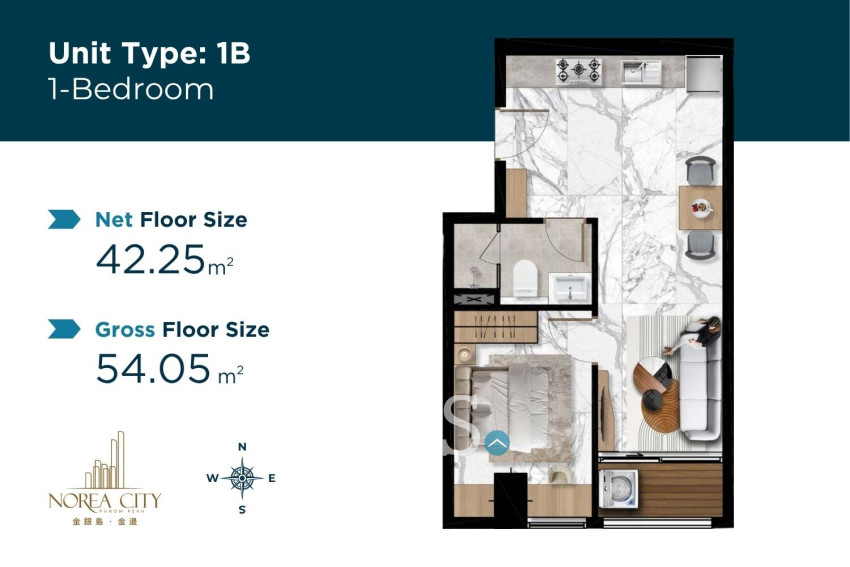 1 Bedroom Condo For Sale Type 1B - Norea Square Condominium - Nirouth, Khan Chbar Ampov  Nirouth